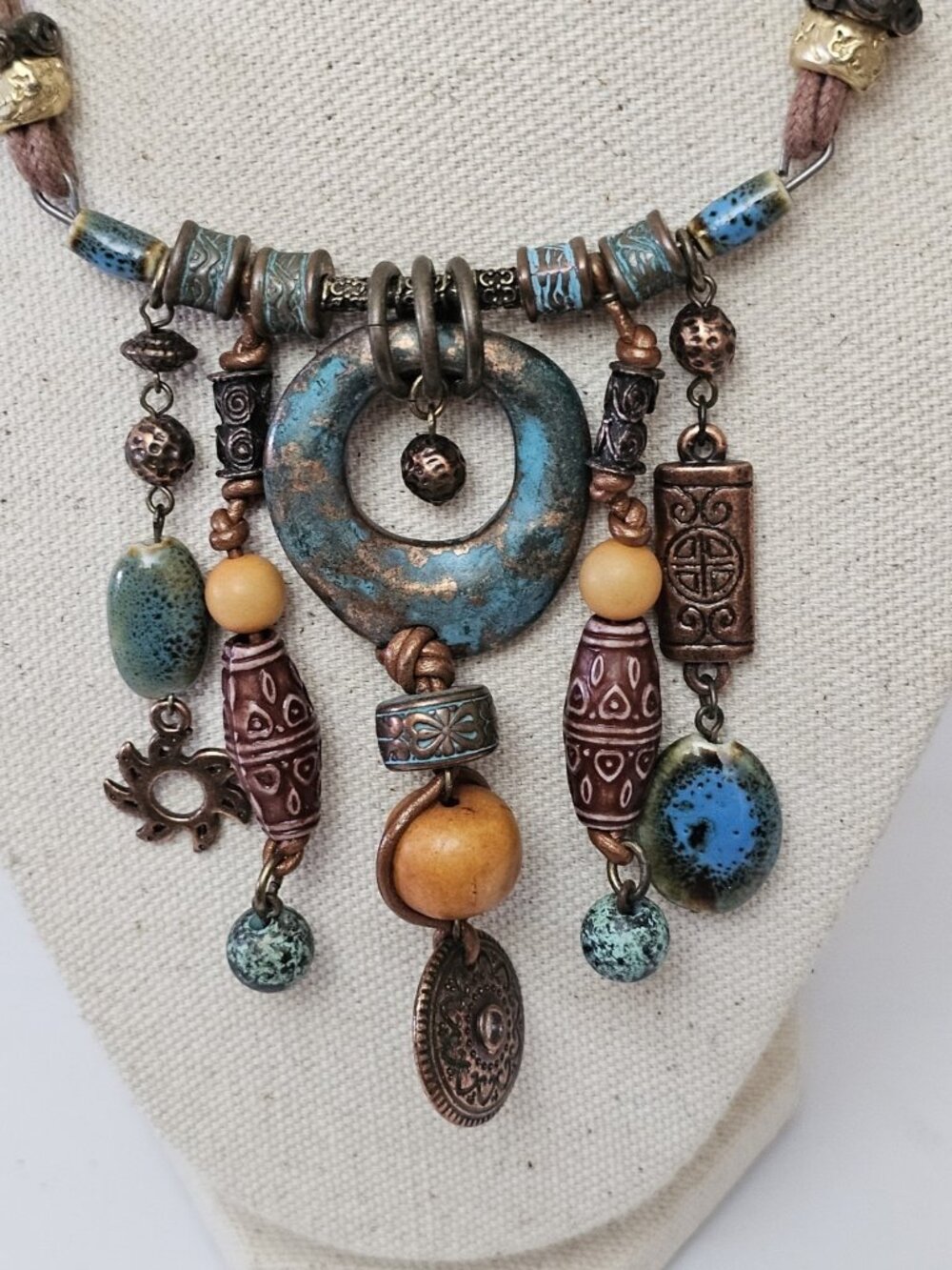 Chico’s Statement Necklace Turquoise Blue Beaded Multi Charm Boho Tribal Dangle